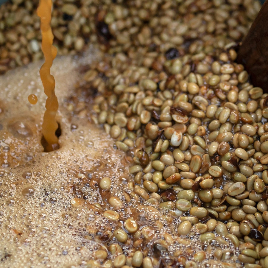 Coffee beans being soaked in orange juice.